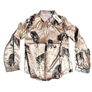 Red Leaf Blouse Leopard Gold Button Down Silky New Size Small